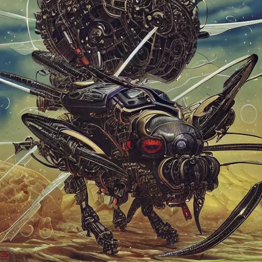 Prompt: dark robotic wasp, by yoichi hatakenaka, masamune shirow, josan gonzales and dan mumford, ayami kojima, takato yamamoto, barclay shaw, karol bak