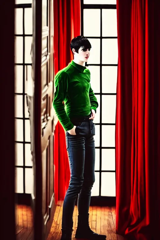 Image similar to androgynous male with black short hair and pale skin is standing in front of a mirror surrounded by victorian interior in a room with tall windows dark red curtains and moos green flooring by leonardo da vinci. volumetric lighting, petspective room layout