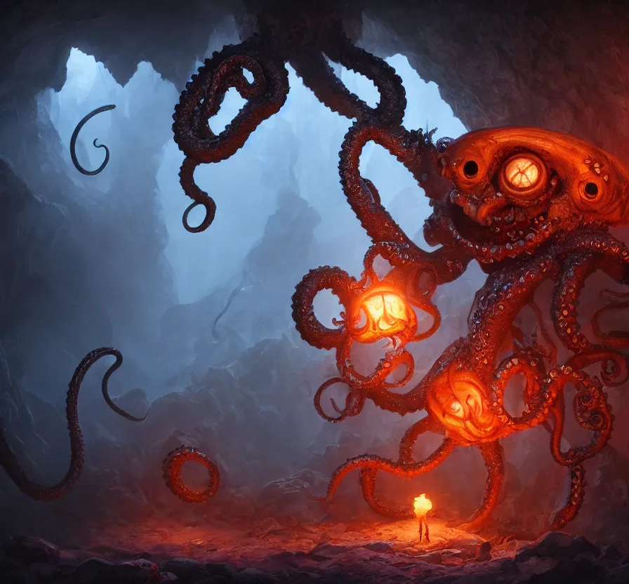 Image similar to beholder + d & d + tentacles + creature in dark cave, hd, hdr, ue 5, ue 6, unreal engine 5, cinematic 4 k wallpaper, 8 k, ultra detailed, by popular digital, artstation