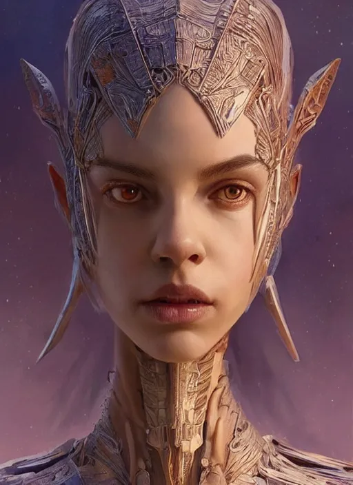 Image similar to a professional painting of a beautiful young female alien, clothed in ethereal armor, olive skin, long dark hair, beautiful bone structure, symmetrical facial features, intricate, elegant, digital painting, concept art, smooth, sharp focus, illustration, from Valerian and the City of a Thousand Planets, by Ruan Jia and Mandy Jurgens and Artgerm and William-Adolphe Bouguerea