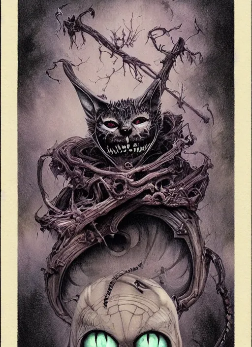 Image similar to cheshire cat death tarot card, highly detailed, half skull face, cinematic, 8 k, by stanley artgermm, tom bagshaw, greg rutkowski, carne griffiths, ayami kojima, beksinski, giger, trending on deviantart, hyper detailed, horror, full of colour