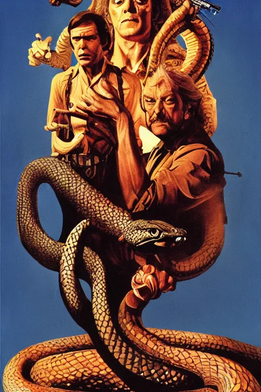 Image similar to poster for the 1 9 7 1 movie'snake'er up ', directed by federico fellini, starring donald sutherland and uncle aloysius, art direction by wayne barlowe, glenn fabry and frank frazetta, cinematography by robby muller ), crisp