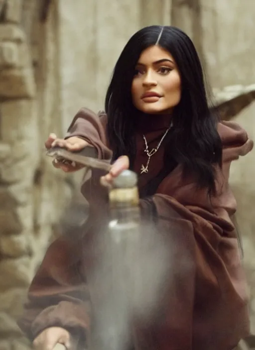 Image similar to film still of kylie Jenner as hermone granger in Harry Potter.