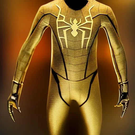 Image similar to gold spider - man suit with black web lining, cinematic, volumetric lighting, realistic, hyperdetailed, photorealistic, photograph