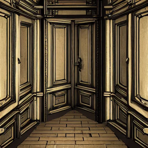 Image similar to a room with 1 0 0 doors with latches, concept art, trending on artstation, highly detailed, intricate, sharp focus, digital art, 8 k