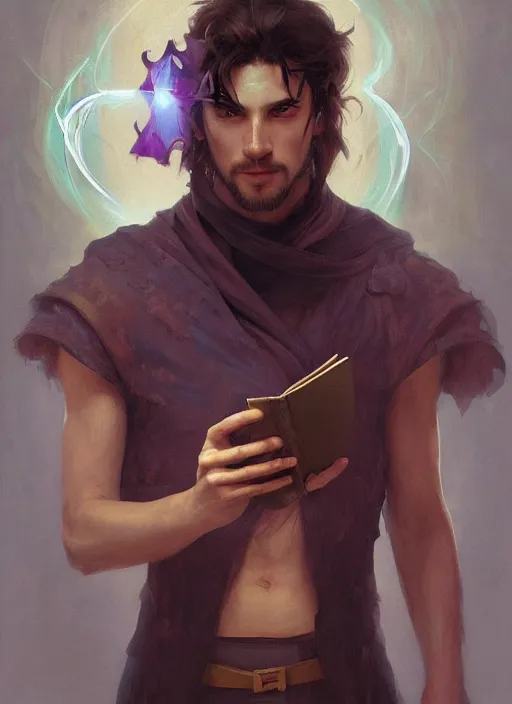 Prompt: character concept portrait of an attractive young Spanish wizard with red skin conjuring a laser spell, a floating iridescent spell book in the center, intricate, elegant, digital painting, concept art, smooth, sharp focus, illustration, from Metal Gear, by Ruan Jia and Mandy Jurgens and William-Adolphe Bouguereau, Artgerm