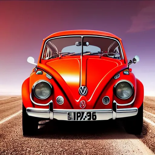 Image similar to promotional movie close - up of a ( volkswagen beatle ) car and insect lady bug hybrid. it is racing down a dusty back - road. cinematic, 4 k, imax, 7 0 mm