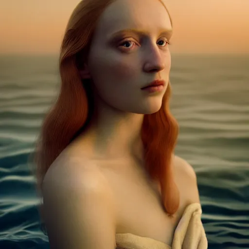 Image similar to photographic portrait of a stunningly beautiful english renaissance female in soft dreamy light at sunset, beside the sea, soft focus, contemporary fashion shoot, in a denis villeneuve and tim burton movie, by edward robert hughes, annie leibovitz and steve mccurry, david lazar, jimmy nelsson, extremely detailed, breathtaking, hyperrealistic, perfect face, octane render