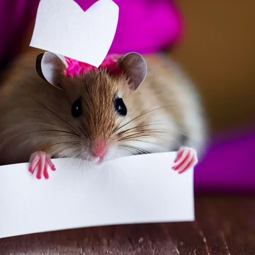 Image similar to detailed photo of a hamster holding a valentine's letter, various poses, full body, unedited, daylight, dof, sharp focus, 8 k