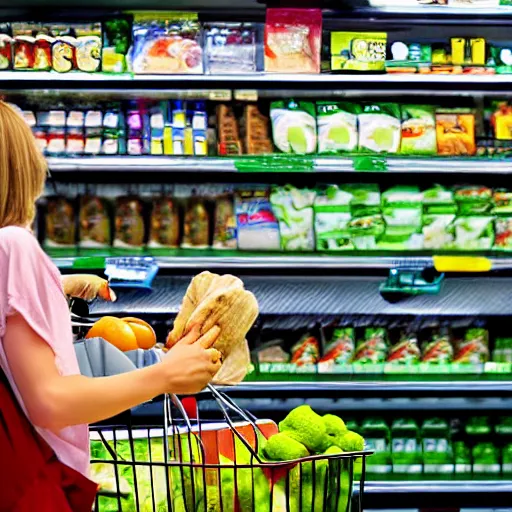 Image similar to mid shot of a roswell alien buying groceries at the store shot by amanda carlson and alex strelkovv, professional photo, masterpiece, very detailed, 4 k