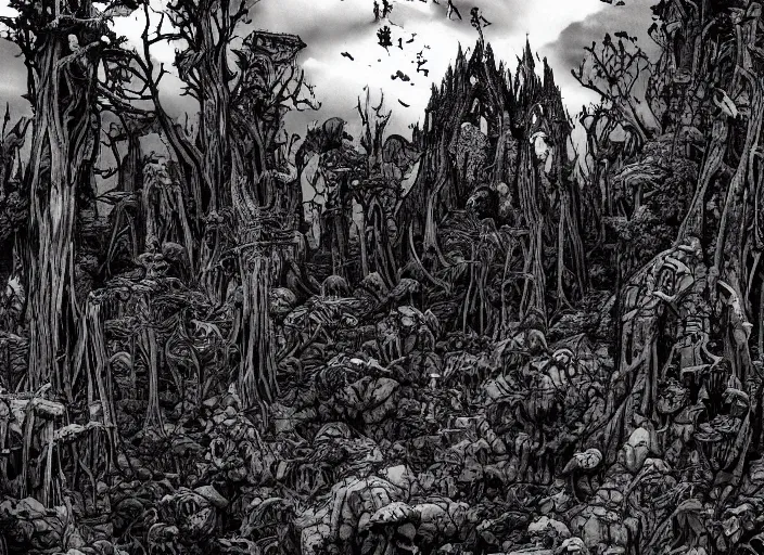 Image similar to a landscape of a forest at hell by takeshi obata and mike mignola, hell, dragons, red and black colors, colors, abandoned buildings, forest with trees with faces, small demons, shadows screaming, night sky, highly detailed, cgsociety, artstation, pencil and ink, very detailed