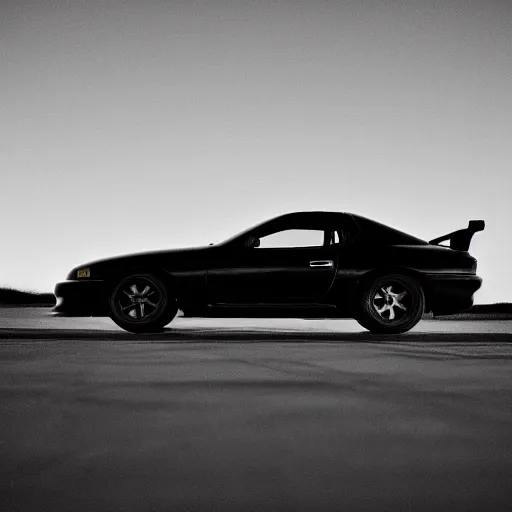 Image similar to pitch black darkness, old toyota supra in the moonlight, film grain, vin diesel