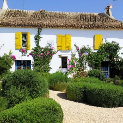 Image similar to ile de re house with a garden full of tremiere rose, two stores, white walls, orange roof