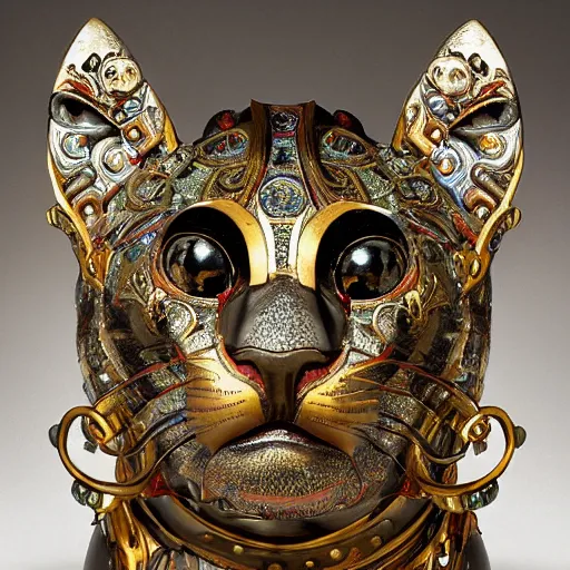 Image similar to masterpiece sculpture of an ornate bejeweled mechanical cat head, by annie swynnerton and diego rivera and nicholas roerich and jean delville, symbolist, dramatic lighting, god rays, elaborate geometric ornament, art brut, rich colors, smooth, sharp focus, extremely detailed, adolf wolfli and ( donato giancola )