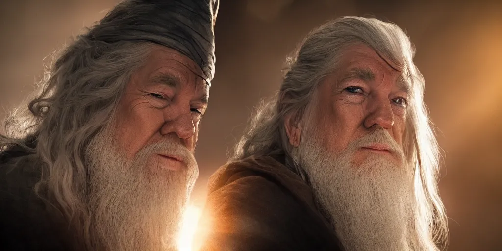 Prompt: a beautiful photo of gandalf being starred by donald trump, intricate detail, god rays, photography, volumetric light, cinematic, 8 k