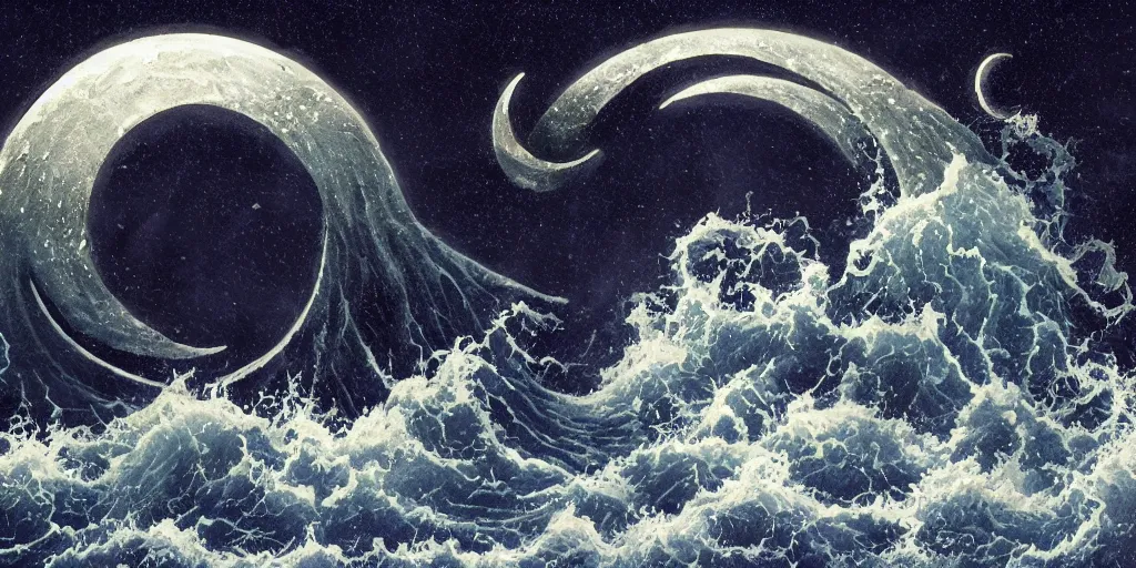 Prompt: the ocean shook in terror, the skies trembled in fear and the air stood silent. the mighty eldritch god has awaken from its watery slumber, towering over the stars and the moon