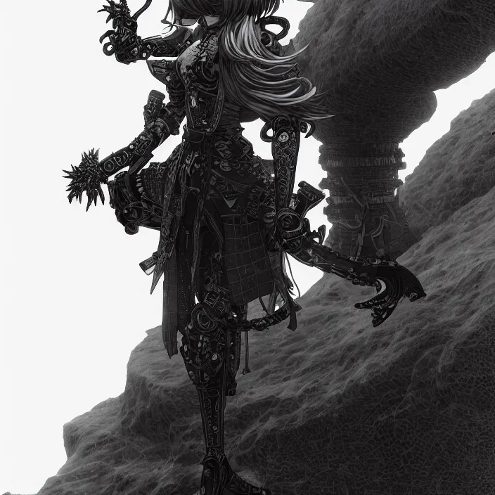 Prompt: a vertical portrait of a manga character in a scenic environment by nihei tsutomu, black and white, dreamy, steampunk armor, highly detailed, 3 d render, vray, octane