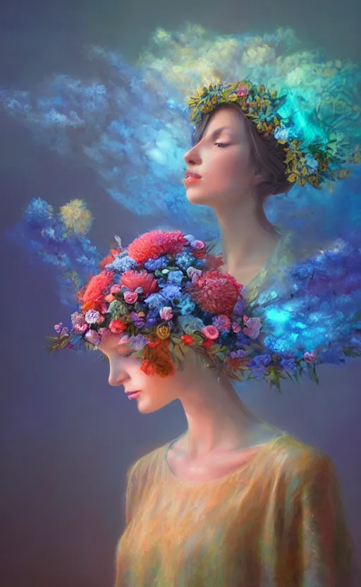 Image similar to a beautiful oil painting hyperrealism of a beautiful woman, flowers, floral headdress, 8 k resolution, octane render, trending on artstation, by gediminas pranckevicius, volumetric light 2 blue fractal thunder glow by dan mumford, anaglyph effect, laurie lipton