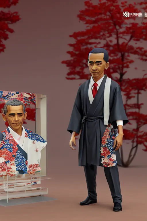 Image similar to full body 3d render of barack obama as an anime figurine wearing a beautiful kimono, shinto shrine, blender, trending on artstation, 8k, highly detailed, bokeh, depth of field