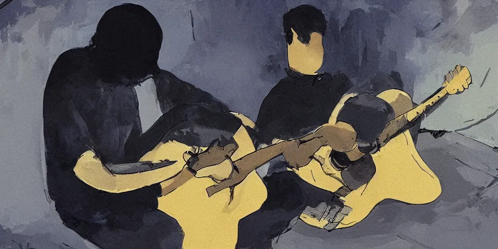 Prompt: a blues guitar player sits in a dark and smoky room in the style of hayao miyazaki and sorolla