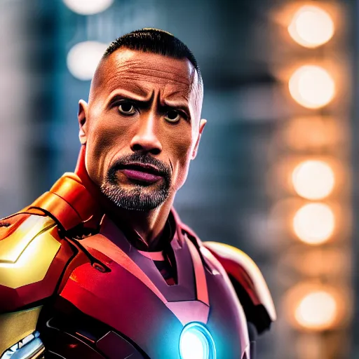 Image similar to dwayne johnson as ironman, photography, headshot, headpiece, female character, canon eos r 3, f / 1. 4, iso 2 0 0, 1 / 1 6 0 s, 8 k, raw, unedited, symmetrical balance, in - frame