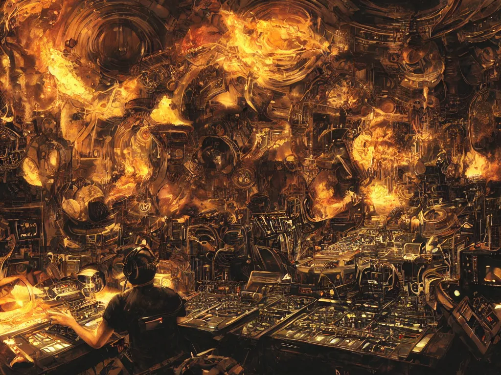 Image similar to an incredible masterpiece of a cyborg dj is playing a vast array of highly evolved and complex musical technology surrounded by an incredible and complex circular structure lit by fire, by craig mullins