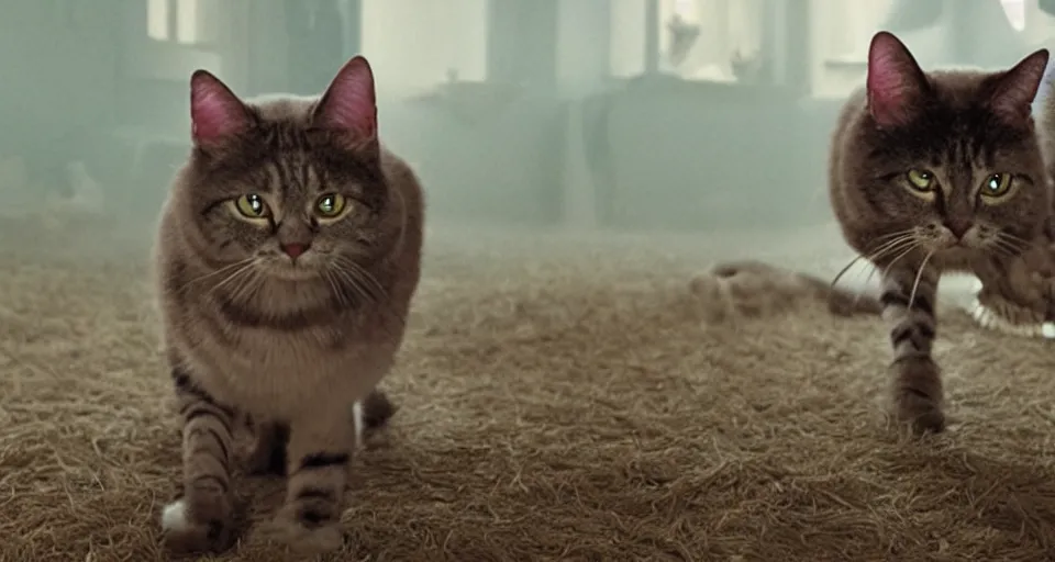 Prompt: film still of a movie about a robot cat that terrorizes a farm house directed by Denis Villeneuve