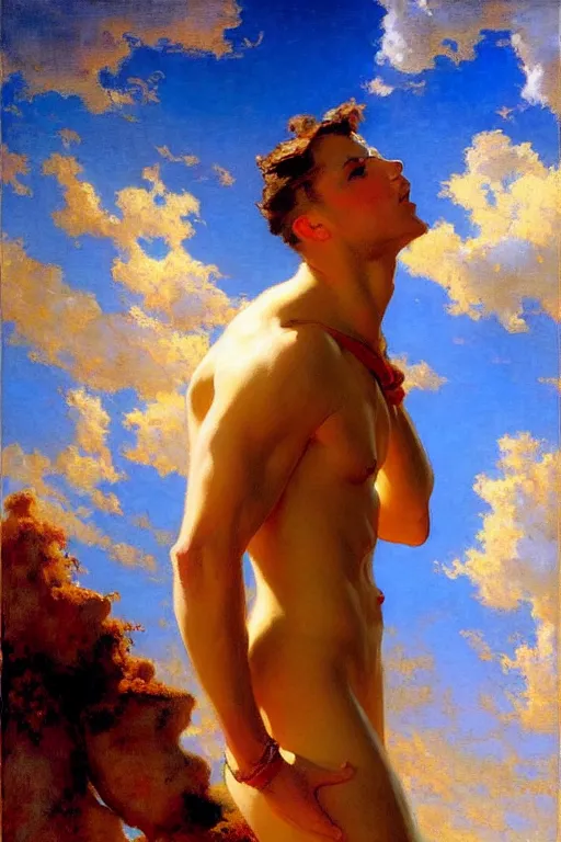 Prompt: attractive male painting sky, painting by gaston bussiere, craig mullins, j. c. leyendecker