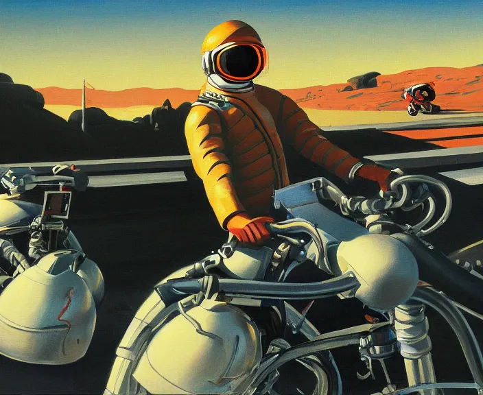 Image similar to a very detailed painting of a astronaut wearing a suit, riding a motorbike down a street, harley davidson motorbike, worm's - eye view, very fine brush strokes, very aesthetic, very futuristic, in the style of edward hopper and grant wood and syd mead, 4 k,