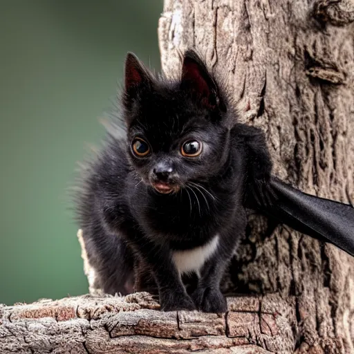 Prompt: a bat kitten, sitting on a tree, photo taken by a nikon, very detailed, 4k