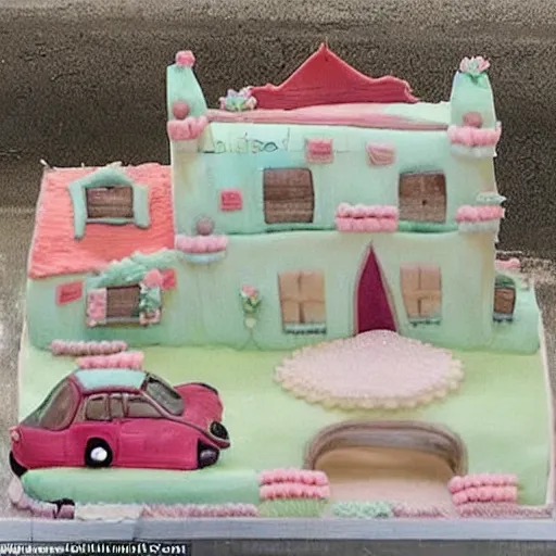 Image similar to A woman discovers that everything is made of cakes: the house, the car and even herself