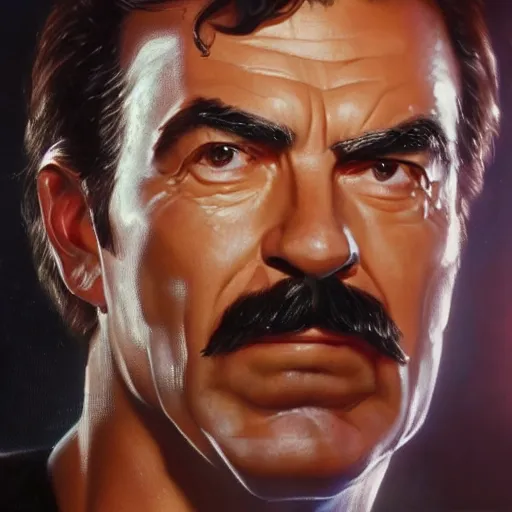 Prompt: ultra realistic head and shoulders portrait painting of tom selleck as johnny silverhand in cyberpunk 2 0 7 7, art by frank frazetta, 4 k, ultra realistic, highly detailed, epic lighting