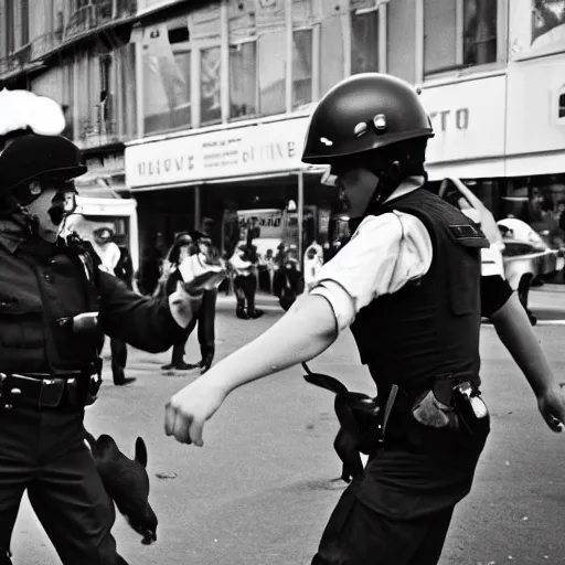 Image similar to a young man throwing a rabbit at a riot cop, leica m 9, voigtlander 3 5 mm, 1 9 6 0 s