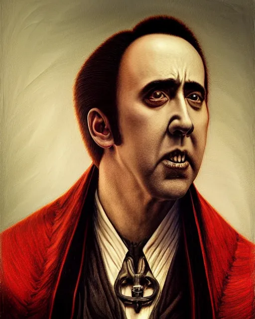 Image similar to nicolas cage as dracula, drink blood, highly detailed, centered, artstation, concept art, smooth, sharp focus, illustration, bokeh art by artgerm and donato giancola and joseph christian leyendecker