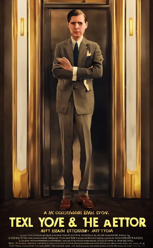 Image similar to film poster. a young man in a suit. the halls and foyer of a grand old art deco hotel. the hotel's eclectic guests. film poster. wes anderson. golden light. collage. photorealistic. trending on artstation. textless.