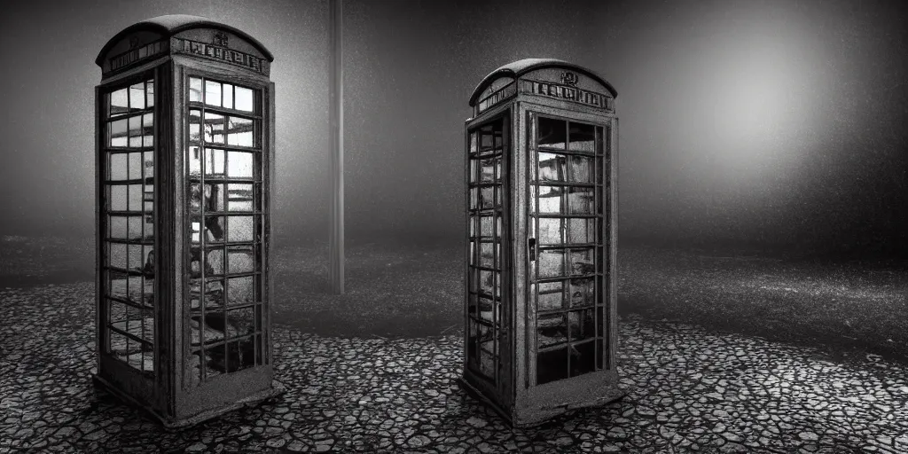 Image similar to an abandoned and deserted telephone booth in the dark of the night, weird, haunted, misty, dark and evil, demonic, sinister, ambient lighting, 8 k render, hyper realistic, photo realistic, unreal engine 5 render