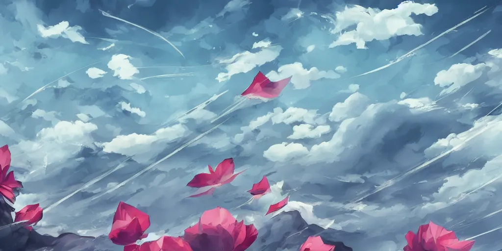 Prompt: background art of flying longswords flowing through the slicing through directional wind on a simple cloudy sky background featuring an enormous tsunami, big puffy clouds, sharp rain, large rose petals, lotus petals, large polygonal background elements, large polygons, studio ghibli anime, dramatic lighting, artgerm, manga, trending on artstation, art nouveau, mature colors