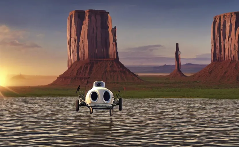 Prompt: a hyperrealist cell - shaded cartoon movie still from howl's moving castle ( 2 0 0 4 ) of a huge gyrocopter in a flooded monument valley. stonehenge is seen in the background with shafts of sunlight from above. very dull muted colors, hd, 4 k, hq