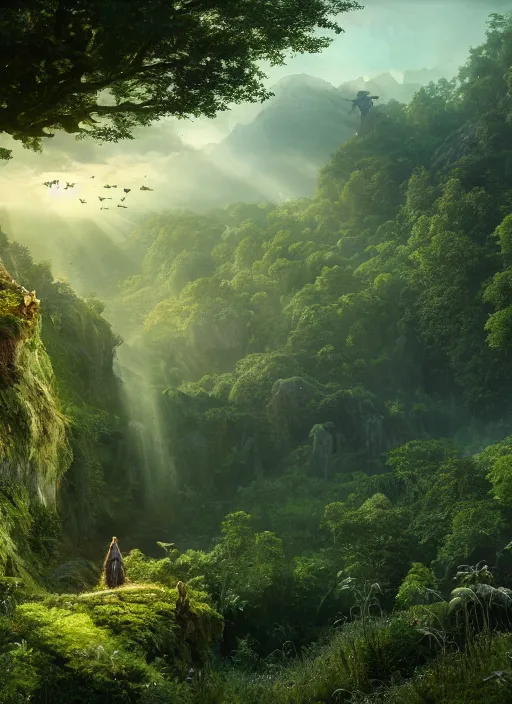 Prompt: a flying faerie in the distance of a lord of the rings scenery landscape, a vast lush valley flowers and wooden structures, stream, sunrise, god's rays highly detailed, vivid color, cinematic lighting, perfect composition, 8 k, gustave dore, derek zabrocki, greg rutkowski, belsinski, octane render