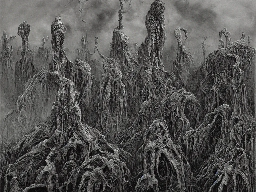 Prompt: landscape by H.R. Giger, Zdzislaw Beksinski, Todd McFarlane