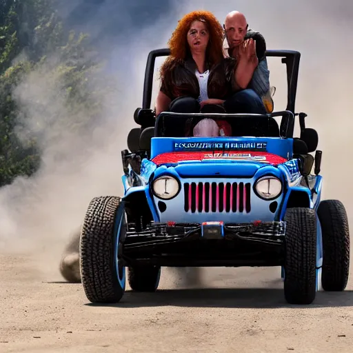 Prompt: beetlejuice from the howard stern show driving a power wheel jeep, from the new fast and furious movie, movie still, fun, action, 8 k