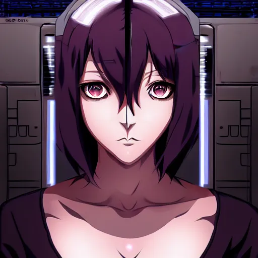 Image similar to female cyberpunk anime girl, symmetrical faces and eyes symmetrical body, middle shot waist up, Madhouse anime studios, Black Lagoon, Perfect Blue, Wit studio anime, studio lighting