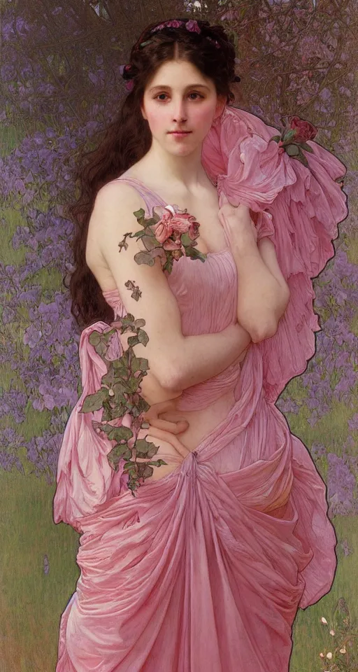 Prompt: beautiful girl in an pink wedding dress, symmetrical full body portrait by Donato Giancola, Alphonse Mucha, Artgerm and William Bouguereau, digital art, fine art with subtle redshift rendering
