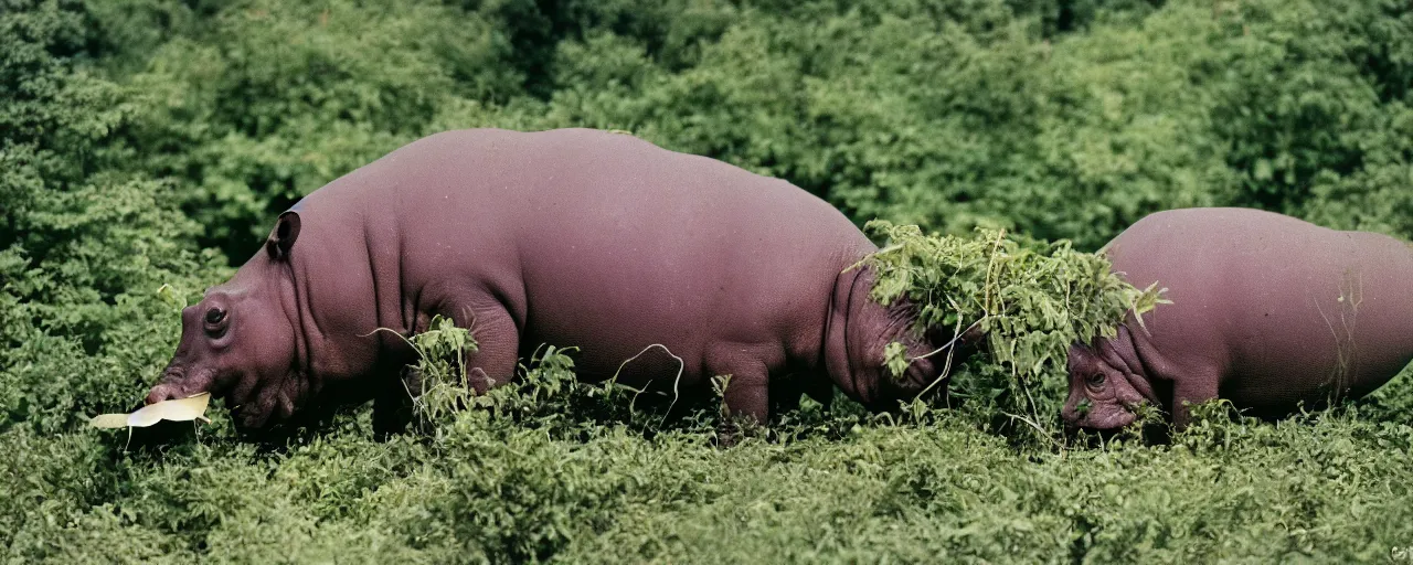 Image similar to a single hippo eating spaghetti off a bush, in the style of national geographic, canon 5 0 mm, film, kodachrome, retro, muted