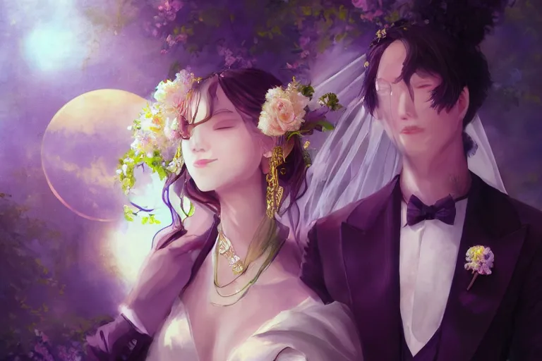 Prompt: a cinematic portrait of wedding photograph jpeg close up moment of a divine a japan sun god and moon goddess lovers magician at a wedding banquet. portraiture. digital painting. artstation. concept art. wedding photo. digital painting. violet evergarden art masterpiece by art by krenz cushart