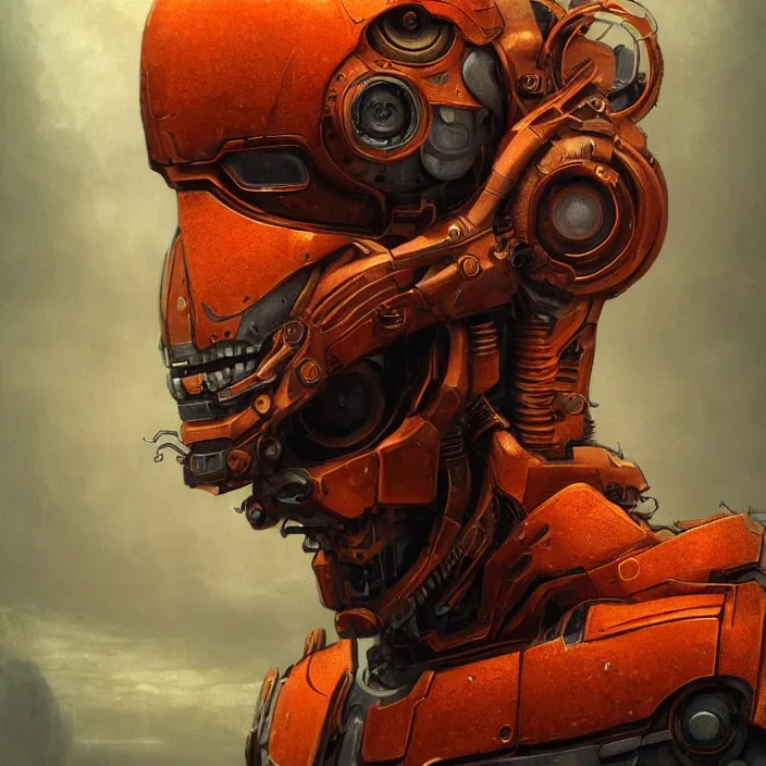 Prompt: portrait of an orange ultron from age of ultron, clockwork steampunk, dieselpunk, head and chest only, by beksinski, 4 k, deviantart, trending on artstation