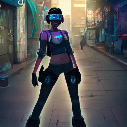 Prompt: full length character design, digital art of a cyberpunk girl in a cyberpunk street with sunshaft