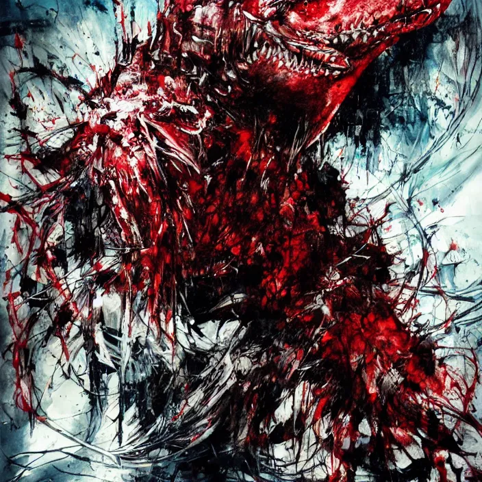 Image similar to blood shark, painting, by greg ruthowski, yoshikata amano, yoji shinkawa, alphonse murac, collaborative artwork, beautifully drawn, heavily detailed