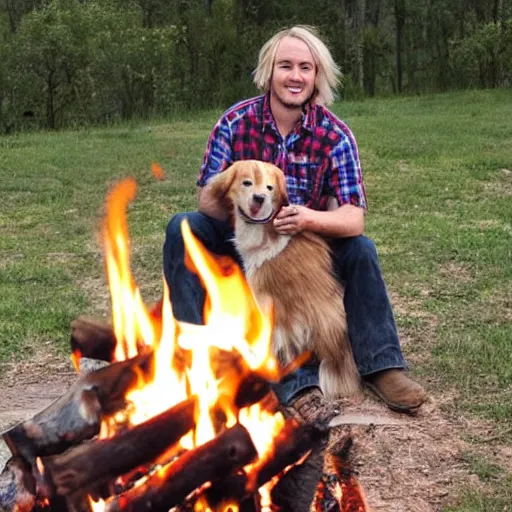 Prompt: photo of hillbilly with long blonde hair and his australian shepherd around a bonfire, symmetric face