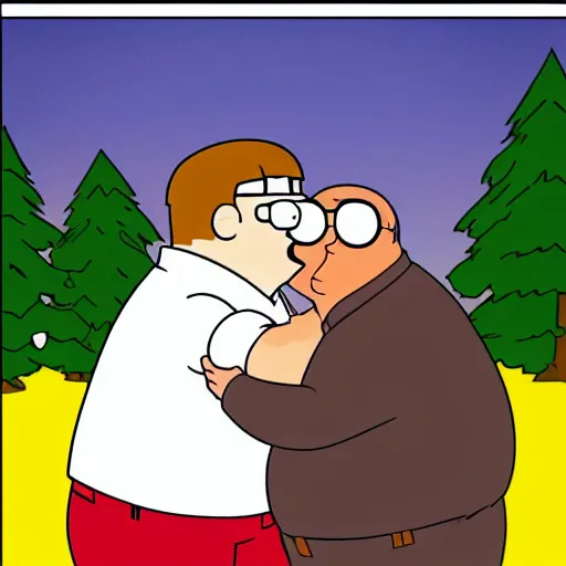 Image similar to peter griffin kissing osama bin laden, detailed faces, highly detailed, family guy style cartoon